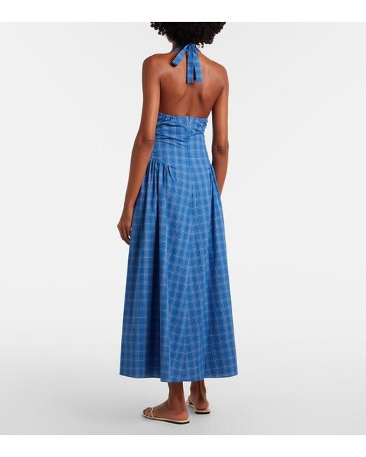 Faithfull The Brand Blue Del Ros Plaid Halterneck Cotton Midi Dress