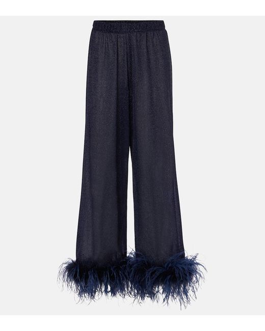 Oseree Blue Lumiere Plumage Feather-Trimmed Lame Pants