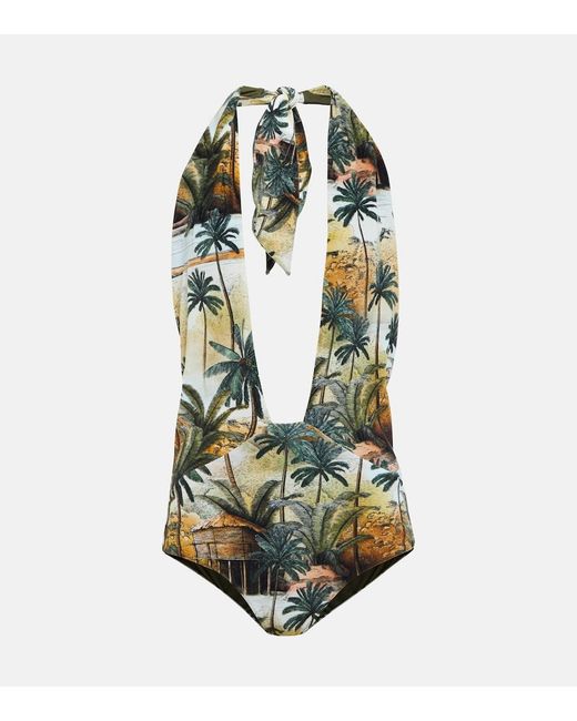 Johanna Ortiz Green Hidden Paradise Printed Halterneck Swimsuit