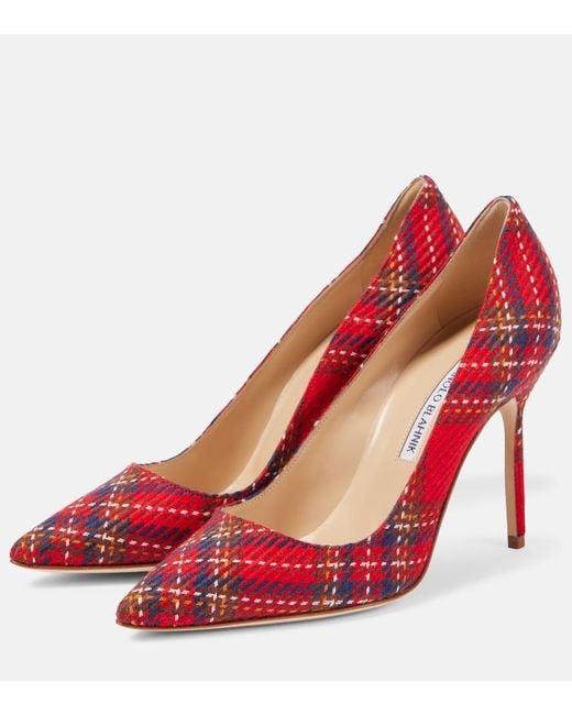 Manolo Blahnik Red Bb 90 Plaid Pumps