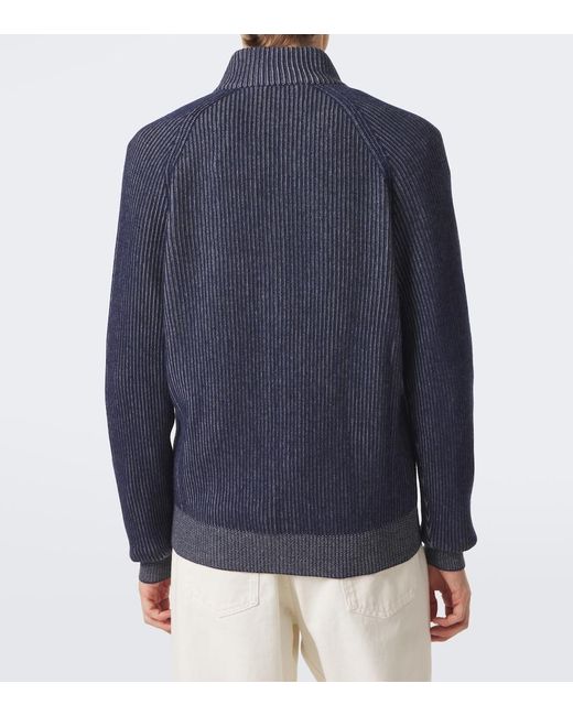 Brunello Cucinelli Blue Ribbed-Knit Zip-Up Cashmere Sweater for men