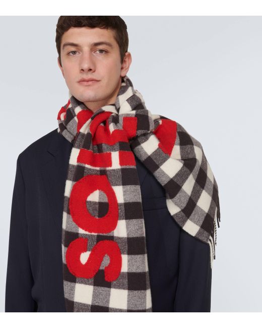 Acne Red Checked Logo Wool-blend Scarf for men