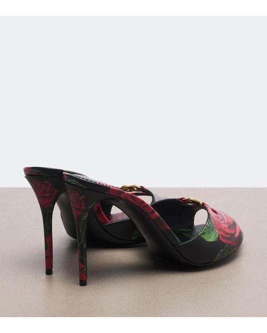 Dolce & Gabbana Red Dg Floral Leather Mules