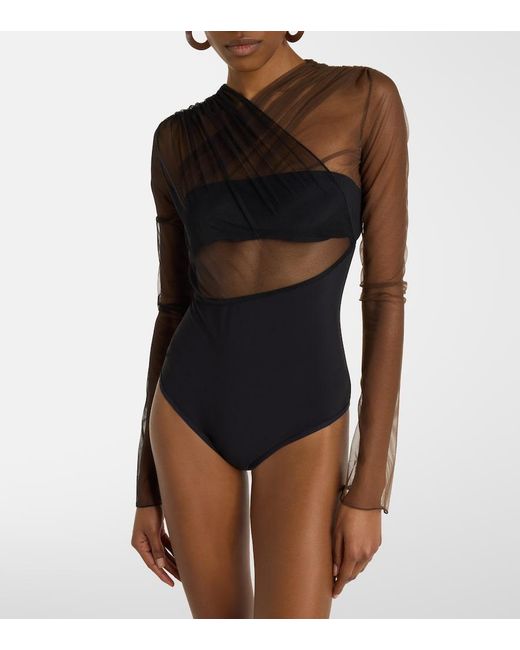 Nensi Dojaka Black Cutout Ruched Sheer Bodysuit