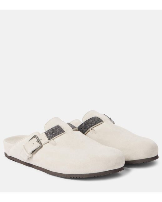 Brunello Cucinelli White Embellished Suede Mules