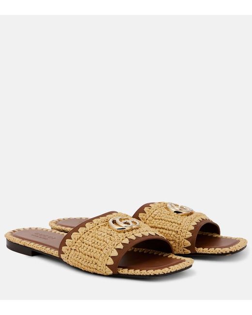 Gucci Brown Double G Leather And Raffia Slides
