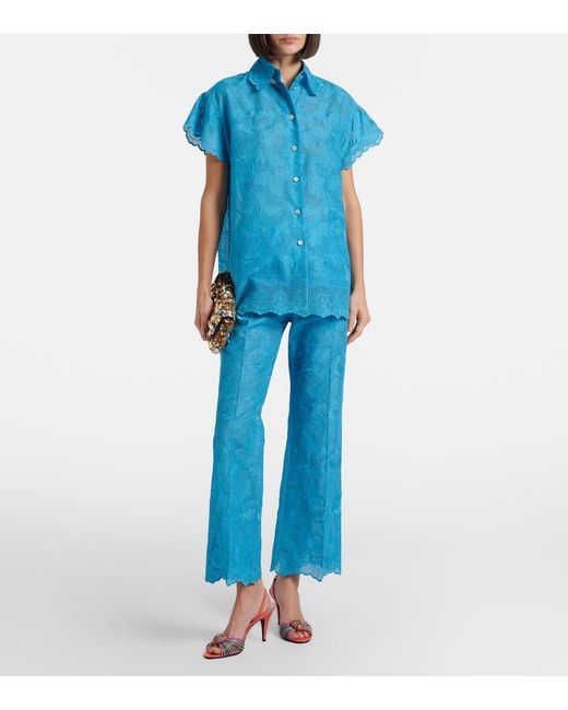 Valentino Blue Broderie Anglaise Scalloped Cotton Straight Pants