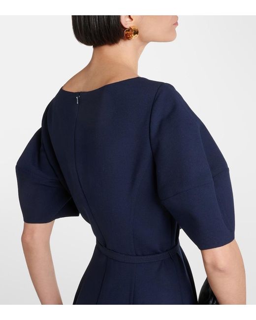 Oscar de la Renta Blue Puff-Sleeve Wool-Blend Midi Dress