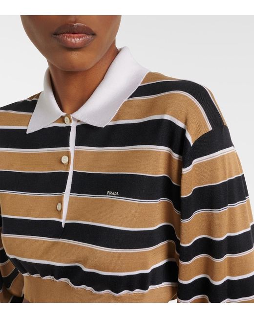 Prada Black Striped Cropped Silk Polo Shirt