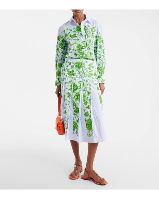 Gucci Green Flowers Striped Cotton Midi Skirt