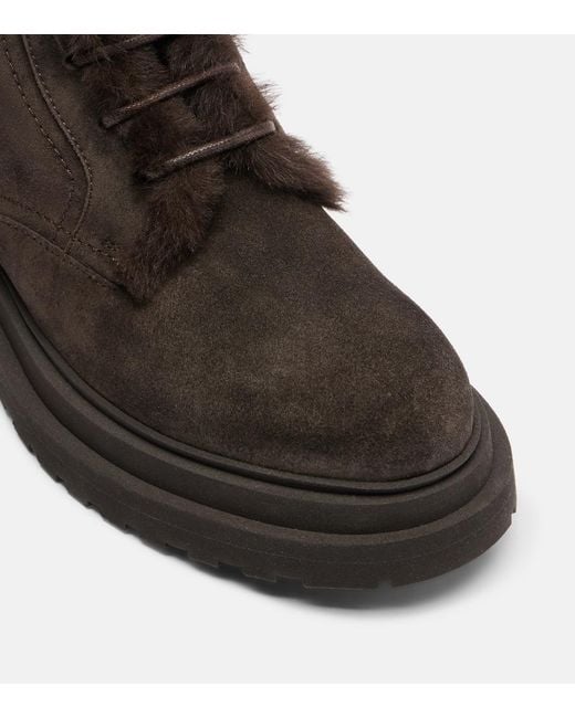 Brunello Cucinelli Black Monili Shearling-Trimmed Suede Lace-Up Boots