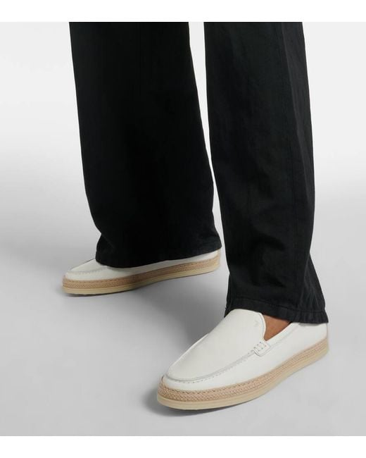 Tod's White Raffia-trimmed Leather Loafers