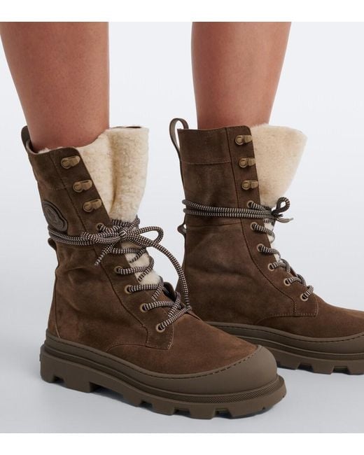 Moncler Brown Vera Shearling-Trimmed Suede Lace-Up Boots