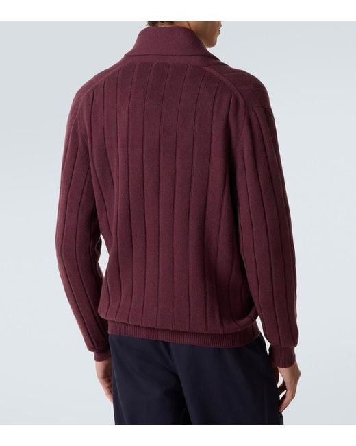 Kiton Red Rib-Knitted Cashmere Cardigan for men