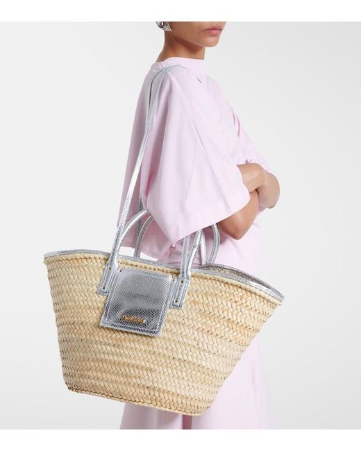 Jacquemus White Soli Small Croc-Effect Raffia Basket Bag