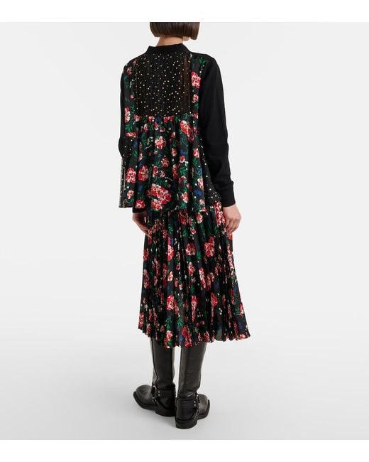 Sacai Black Printed Plisse Midi Skirt