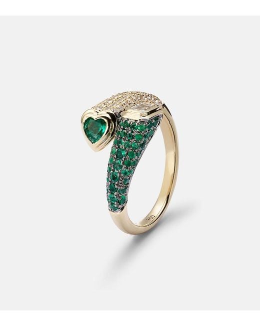 SHAY White Mixed Bypass 18Kt Ring With Emeralds And Diamonds
