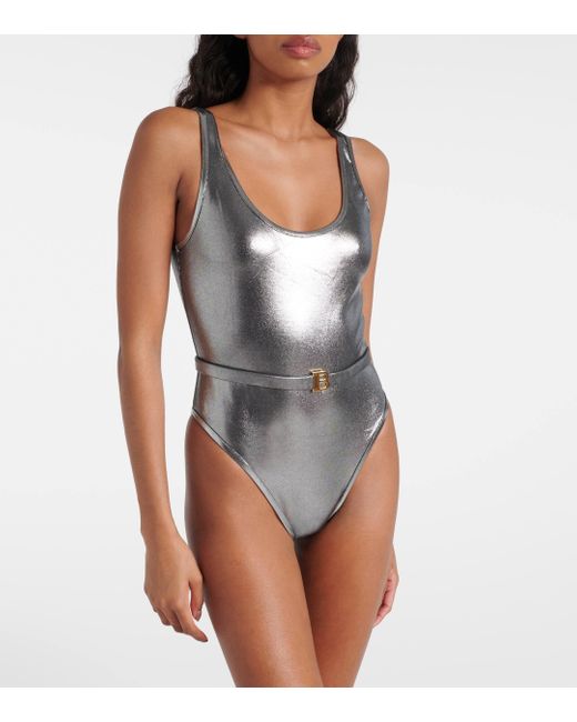 Balmain Gray B Belted Metallic Swimsuit