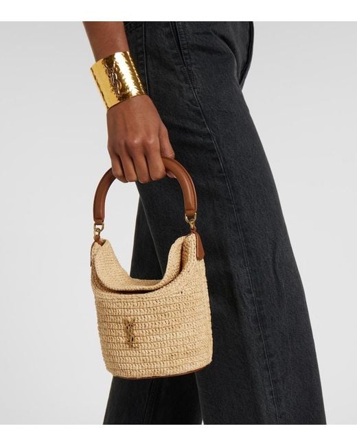 Saint Laurent White Gaby Leather-Trimmed Raffia Bucket Bag