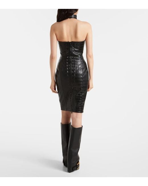 Balmain Black Croc-Effect Halterneck Leather Minidress