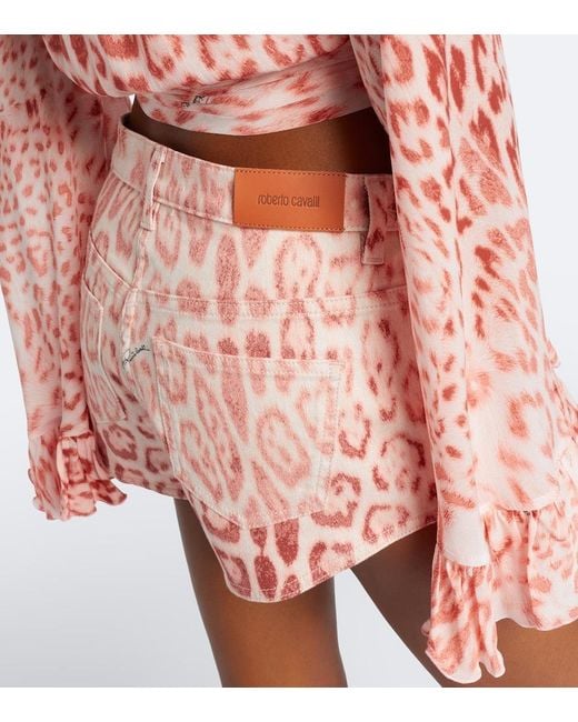 Roberto Cavalli Pink Leopard-Print Denim Shorts