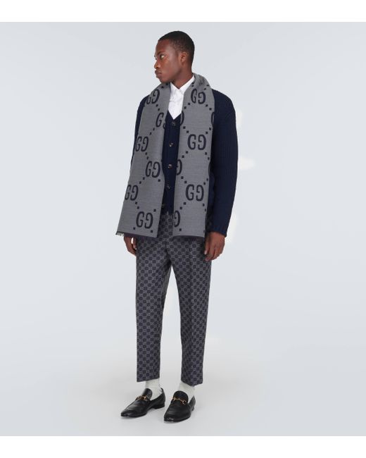 Gucci Gray GG Jacquard Wool-silk Scarf for men