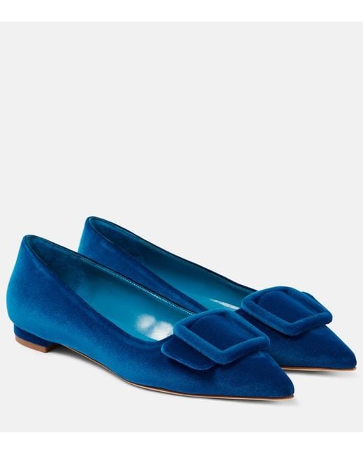 Manolo Blahnik Blue Maysale Velvet Ballet Flats