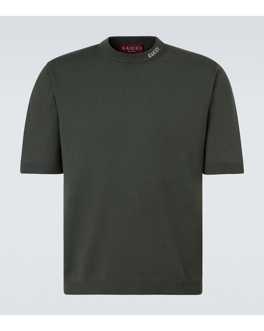 Gucci Green Silk Cotton Knit T-Shirt With Intarsia for men