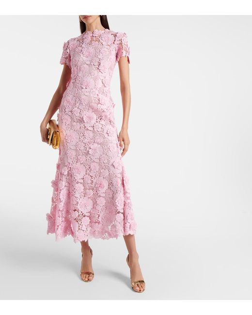Oscar de la Renta Pink Floral Lace Midi Dress