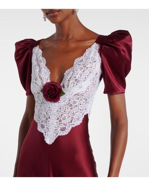 Rodarte Red Floral-Applique Lace-Trimmed Silk Gown
