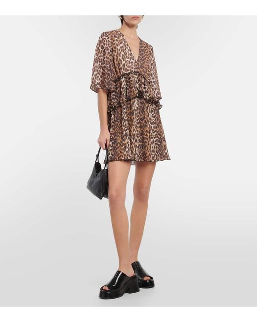 Ganni Brown Leopard-Print Georgette Minidress