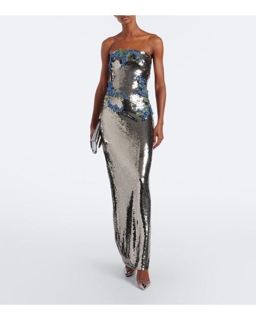 Monique Lhuillier Metallic Floral-Applique Sequined Bustier Gown