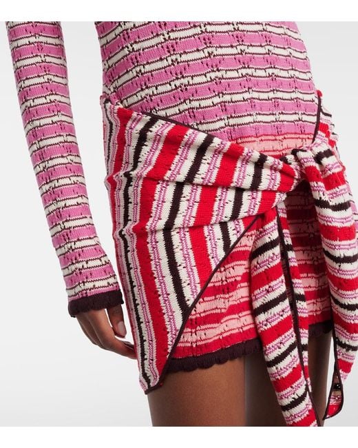The Attico Red Striped Crochet Cotton Minidress