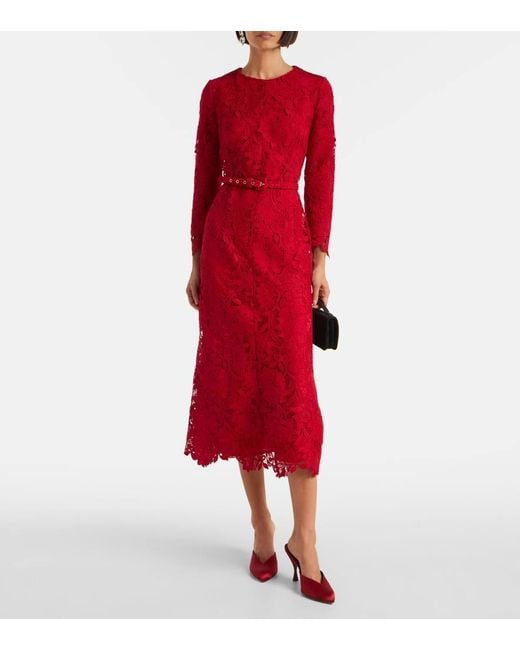 Vestido Midi De Encaje Con Cinturon Monique Lhuillier de color Red