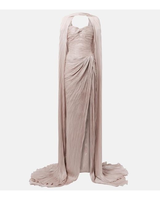 Marmar Halim Natural Caped Gathered Pleated Silk Gown