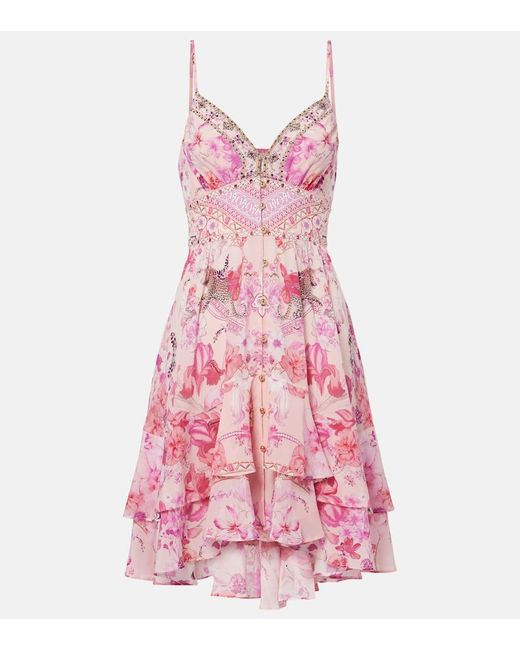 Camilla Pink Gathered Floral Silk Minidress