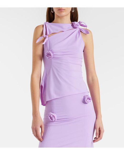 Coperni Purple Floral-Applique Gathered Jersey Top