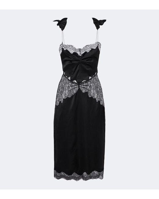 The Attico Black Lace-Trimmed Satin Midi Dress