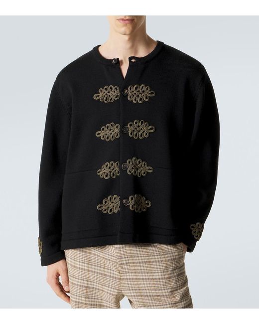 Bode Blue Looped Frog Embroidered Wool Cardigan for men