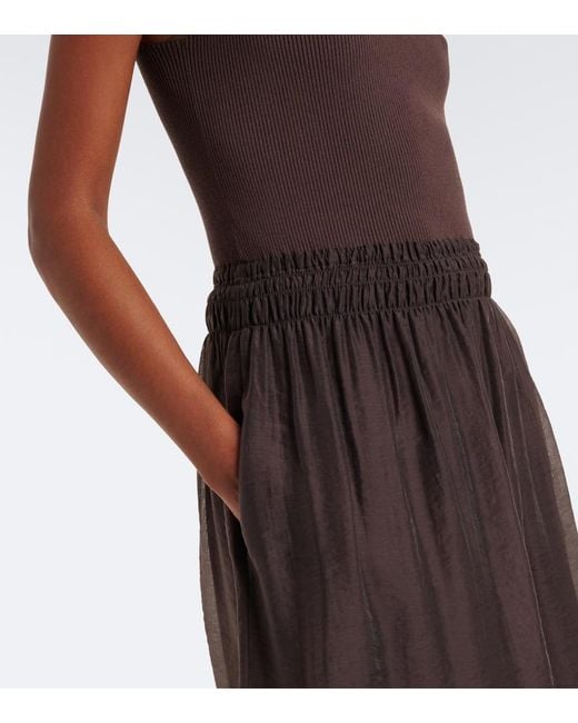 Vince Brown Shirred Ribbed-Knit Midi Dress