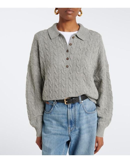 Polo Ralph Lauren Gray Cable-Knit Wool And Cashmere Polo Sweater