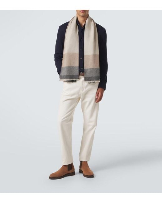 Brunello Cucinelli Natural Checked Wool And Cashmere Scarf for men