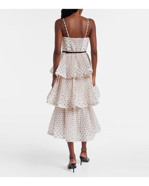 Zimmermann Natural Polka-Dot Tiered Midi Dress