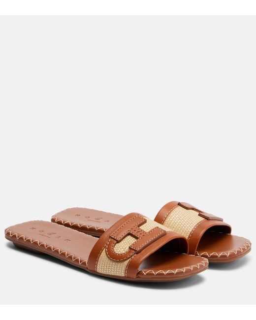 Hogan Brown Leather-Trimmed Raffia Slides