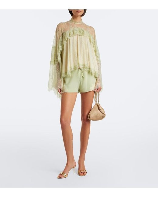 De La Vali Green Elia Lace-Trimmed Crepe De Chine Shorts