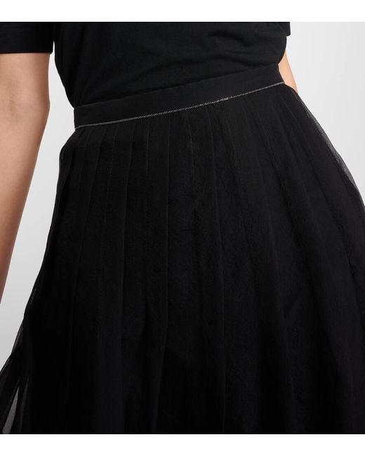 Brunello Cucinelli Black Embellished Pleated Silk Midi Skirt