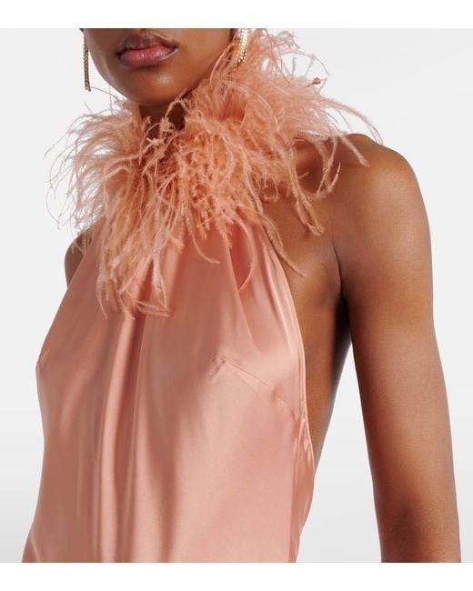The New Arrivals Ilkyaz Ozel Orange Jazzy Feather-Trimmed Satin Gown