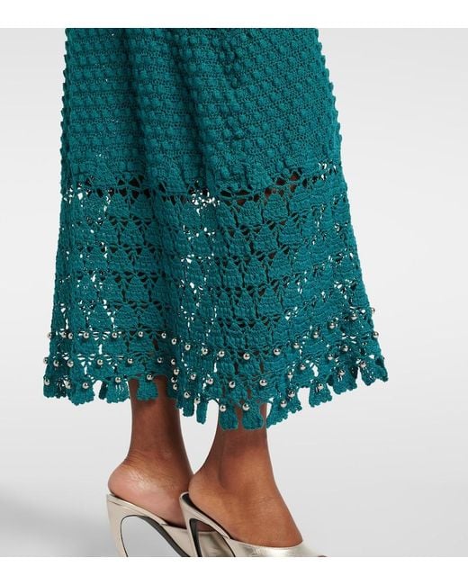 Rabanne Green Embellished Crochet Cotton Midi Skirt