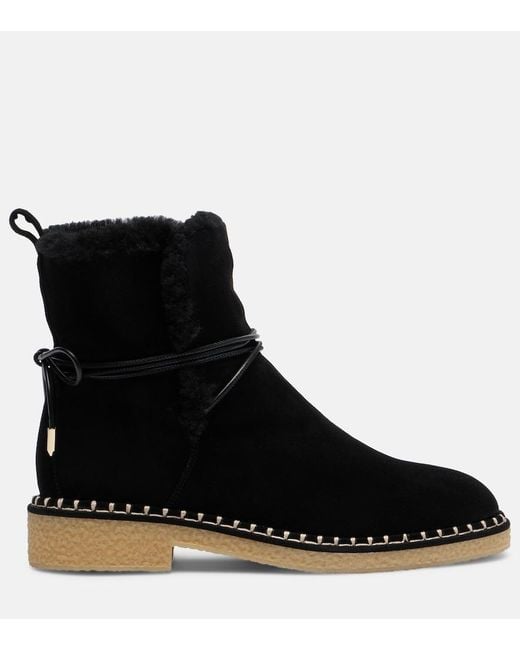 Aquazzura Black Megeve Shearling-Trimmed Suede Ankle Boots