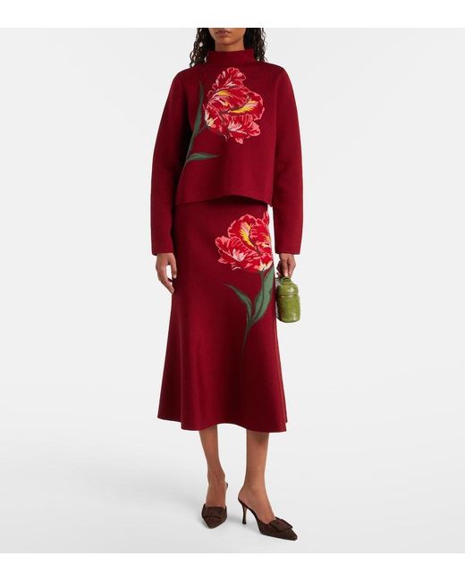 Carolina Herrera Red Floral Jacquard Cotton And Wool Midi Skirt